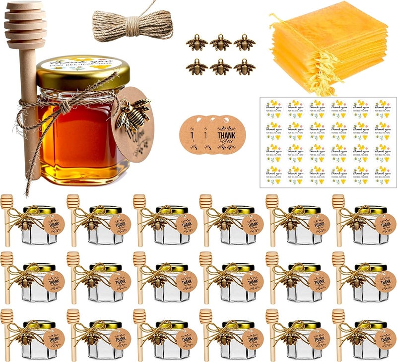 DnayDkiy جرار عسل صغيرة، 1.5 أونصة وعاء عسل زجاجي سداسي مع مغارف، سحر نحلة، أكياس هدايا أورجانزا وملصقات، مثالي لهدايا حفلات استقبال المواليد، هدايا الزفاف، هدايا الحفلات، 20 عبوة - Image 1