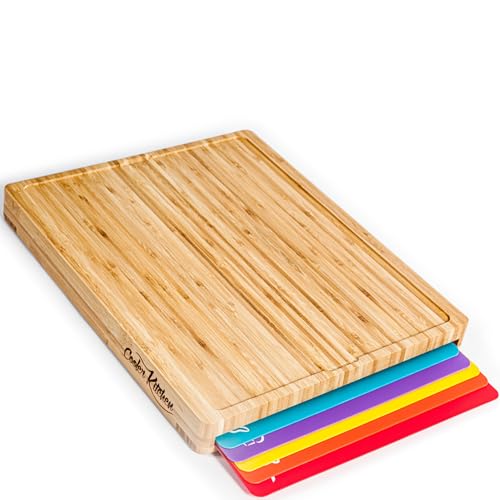 Cooler Kitchen Bamboo Cutting Board Set with 6 Color Coded Mats with Food Icons, BPA-Free Non Slip Easy Clean Chopping Boards for Kitchen with Holder, Dishwasher Safe for Meal Prep & Serving, Large | Cooler Kitchen - Image 1