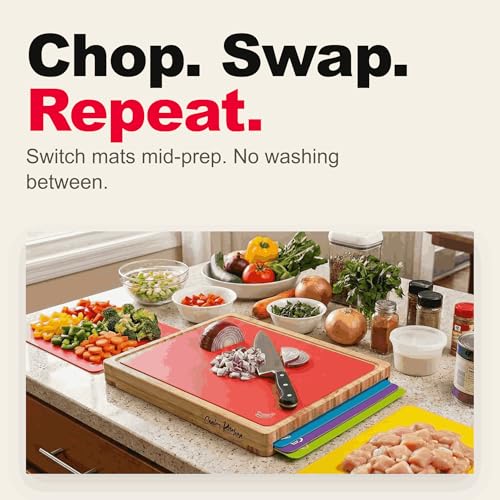 Cooler Kitchen Bamboo Cutting Board Set with 6 Color Coded Mats with Food Icons, BPA-Free Non Slip Easy Clean Chopping Boards for Kitchen with Holder, Dishwasher Safe for Meal Prep & Serving, Large | Cooler Kitchen - Image 4