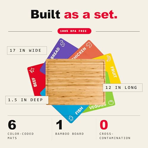 Cooler Kitchen Bamboo Cutting Board Set with 6 Color Coded Mats with Food Icons, BPA-Free Non Slip Easy Clean Chopping Boards for Kitchen with Holder, Dishwasher Safe for Meal Prep & Serving, Large | Cooler Kitchen - Image 2