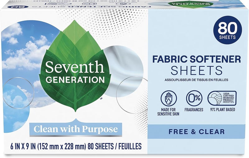 Seventh Generation Free & Clear Fabric Softener Sheets, 80 Count - Hypoallergenic and Plant-Based - Image 1