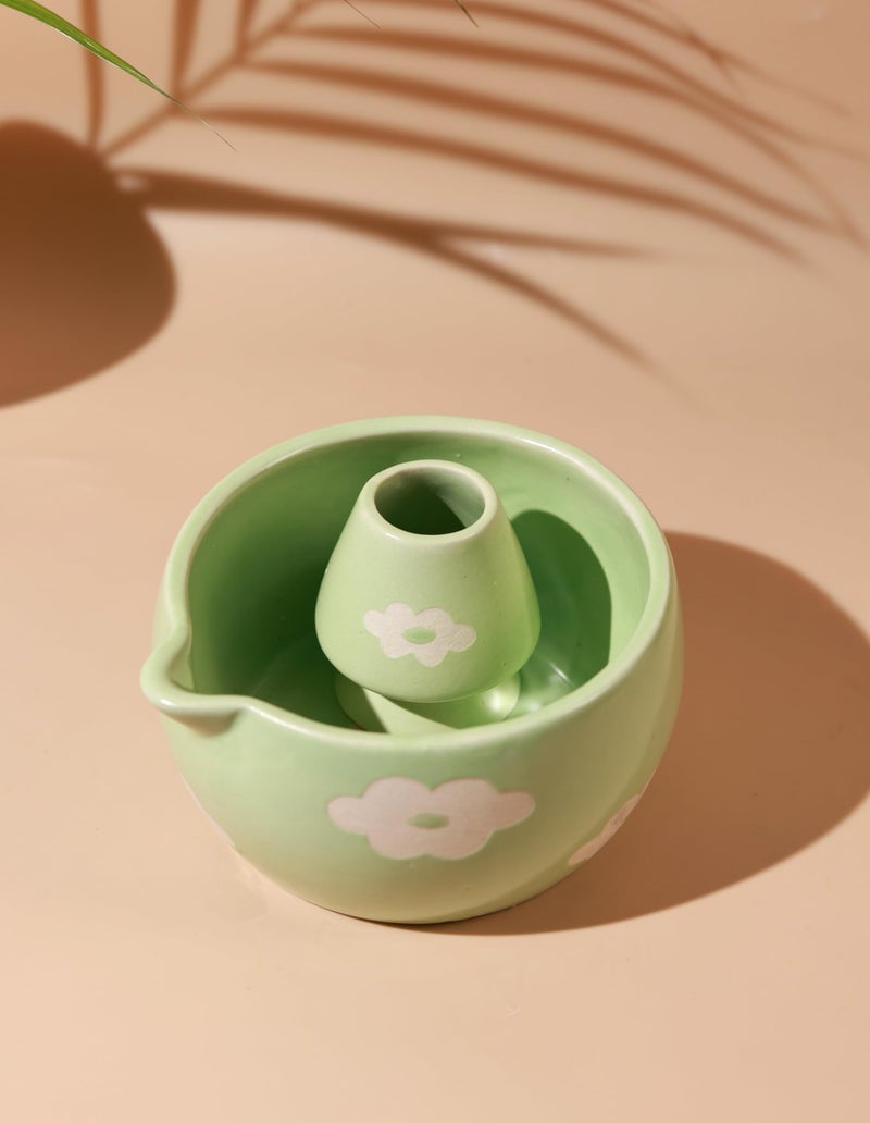 Craftribal Handmade Ceramic Blossom Matcha Bowl with Whisk Holder – Pottery Chawan for Japanese Tea Ritual, Matcha Lovers & Gifting|Bowl - 5.5 inches|Holder-2.5 inches|Design-Green Floral - Image 2