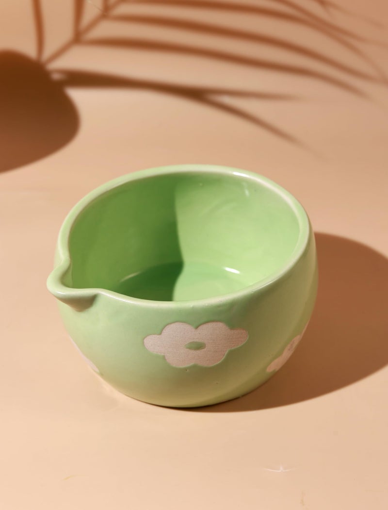 Craftribal Handmade Ceramic Blossom Matcha Bowl with Whisk Holder – Pottery Chawan for Japanese Tea Ritual, Matcha Lovers & Gifting|Bowl - 5.5 inches|Holder-2.5 inches|Design-Green Floral - Image 3