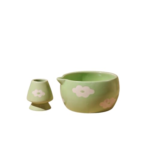 Craftribal Handmade Ceramic Blossom Matcha Bowl with Whisk Holder – Pottery Chawan for Japanese Tea Ritual, Matcha Lovers & Gifting|Bowl - 5.5 inches|Holder-2.5 inches|Design-Green Floral - Image 5