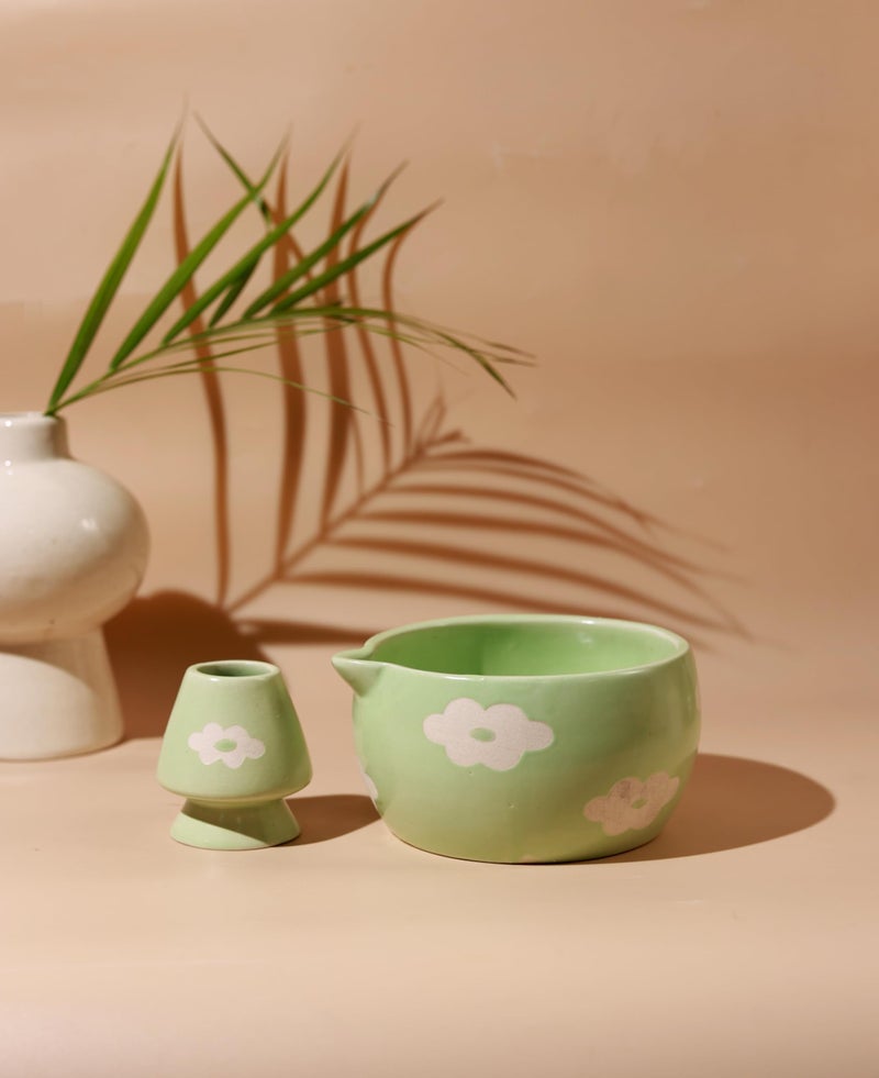 Craftribal Handmade Ceramic Blossom Matcha Bowl with Whisk Holder – Pottery Chawan for Japanese Tea Ritual, Matcha Lovers & Gifting|Bowl - 5.5 inches|Holder-2.5 inches|Design-Green Floral - Image 1