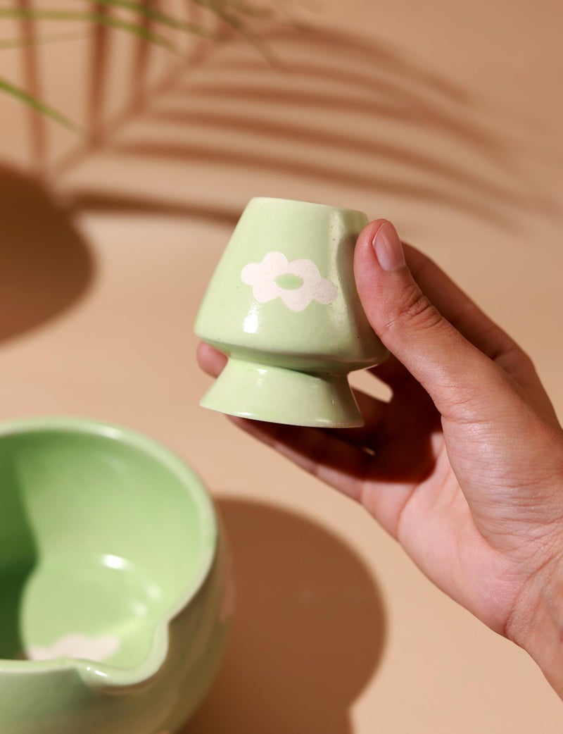 Craftribal Handmade Ceramic Blossom Matcha Bowl with Whisk Holder – Pottery Chawan for Japanese Tea Ritual, Matcha Lovers & Gifting|Bowl - 5.5 inches|Holder-2.5 inches|Design-Green Floral - Image 4