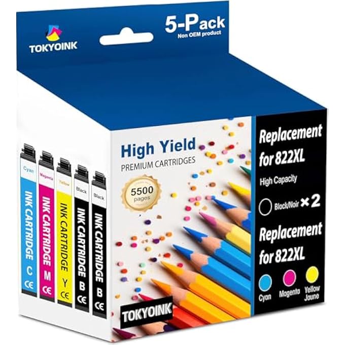 822XL INK LATEST UPGRADE REMANUFACTURED REPLACEMENT FOR EPSON 822XL INK CARTRIDGES COMPATIBLE FOR 822 822 XL T822XL INK FOR WORKFORCE PRO WF-3820 WF-4830 WF-4820 WF-4830 WF-4833 WF-4834 (5 PACK) - Image 1