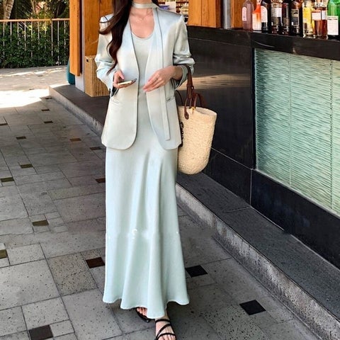 blazer dress korean style Generic Set for Women – Long Denim Skirt Suit with Regular Sleeves | Best Price UAE casual korean blazer outfits