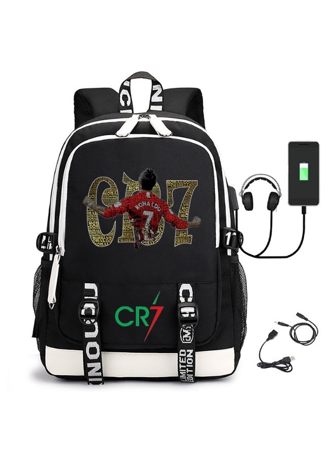 CR7 Ronaldo Celebration Print Backpack with USB Charging & Headphone Port, Large Capacity Student Schoolbag Football Fan Travel Daypack - Image 1