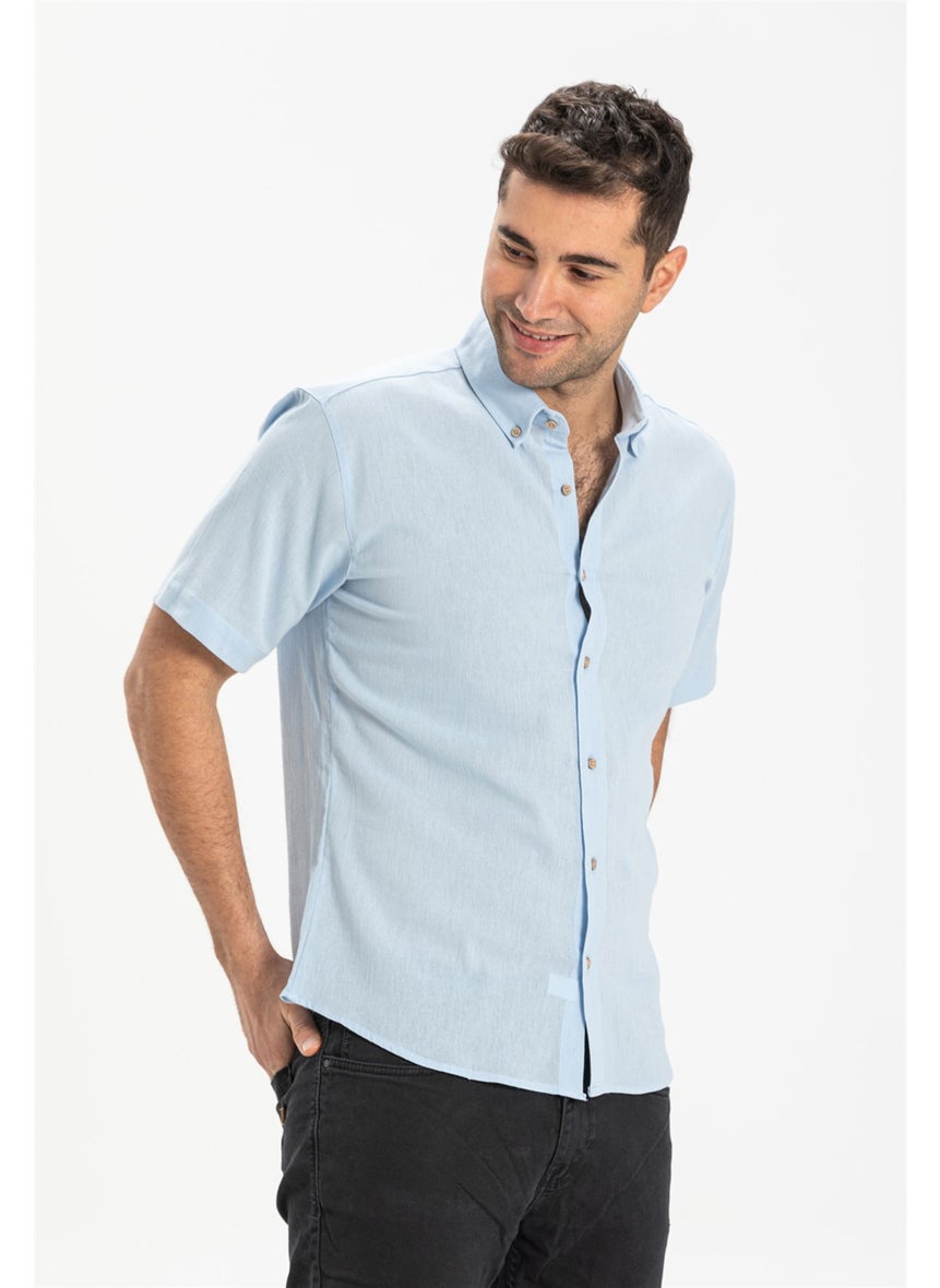 Eliş Şile Bezi - Short Sleeve Slim Fit Sile Cloth Single Pocket Men's Shirt Ice Blue 3027 - Image 1