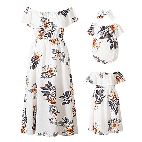PopReal Mommy and Me Dresses Floral Printed Chiffon Bowknot Ruffles Short Sleeve Beach Mom Daughter Matching Outfits - Image 1
