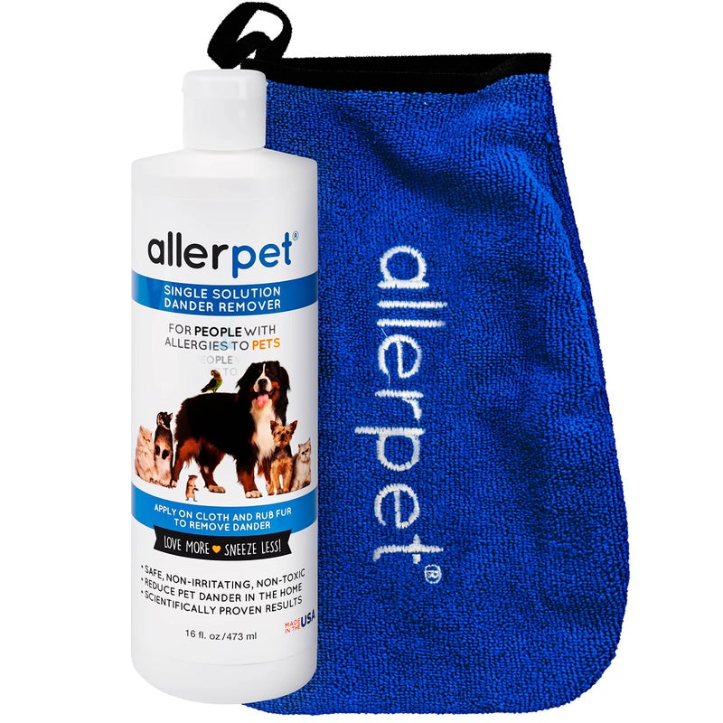 Allerpet حل Allerpet الفردي 16 أونصة سائلة زجاجة مزيل شعر الحيوانات الأليفة - يخفف من الحساسية - قفاز إضافي لتطبيق الحل بسهولة على حيوانك الأليف - Image 1