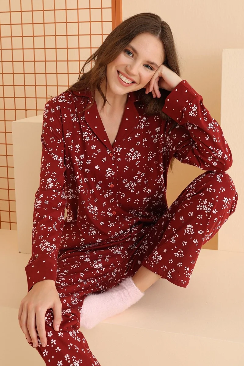 NBB Women's 100% Cotton Floral Front Buttoned Long Sleeve Seasonal Pajama Set