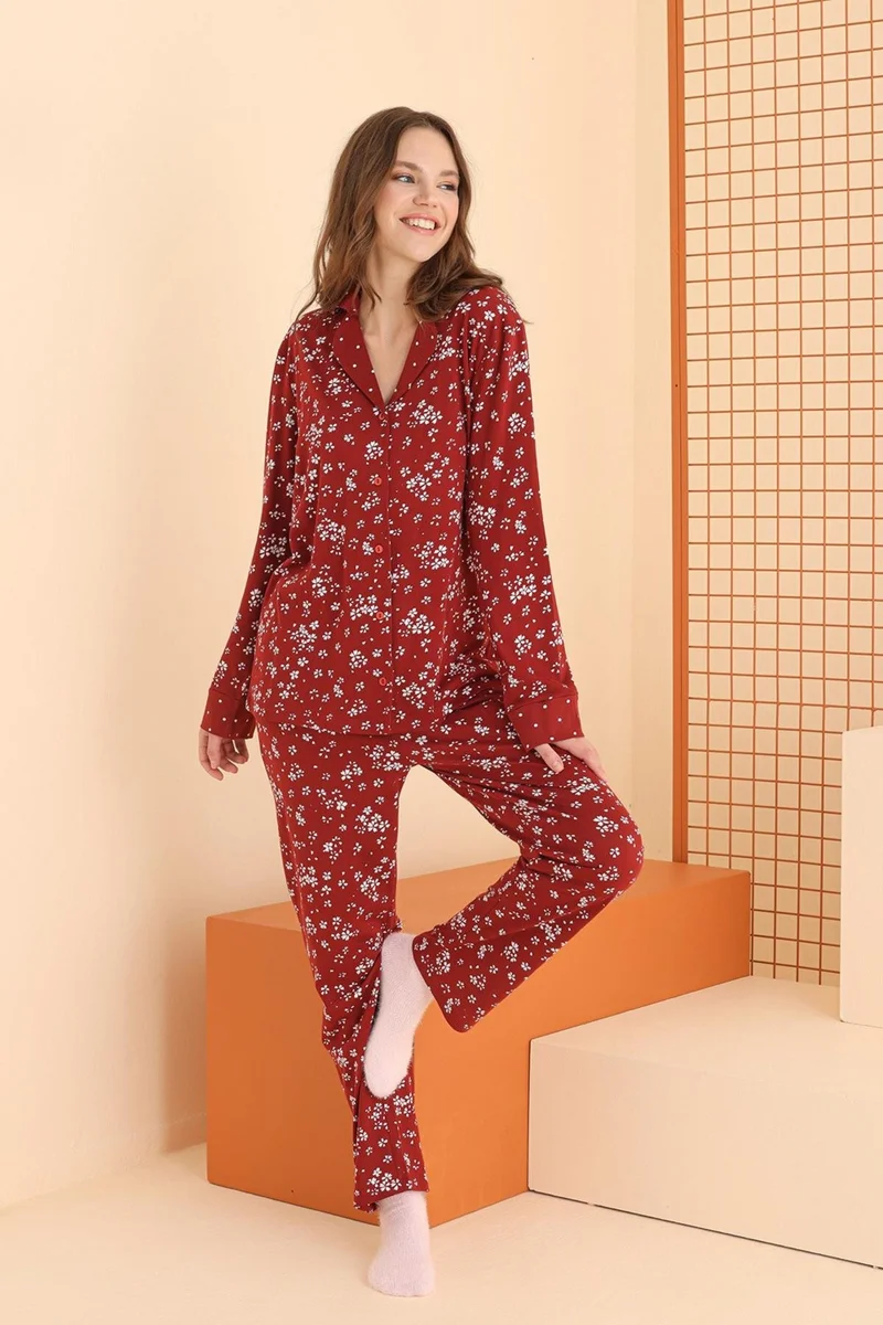 NBB Women's 100% Cotton Floral Front Buttoned Long Sleeve Seasonal Pajama Set