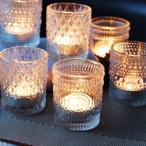 SHMILMH Clear Glass Votive Candle Holders, 12 pcs 3 Patterns Tealight Candle Holders for Wedding Table Centerpiece Birthday Party Thanksgiving Christmas Decoration - Image 1