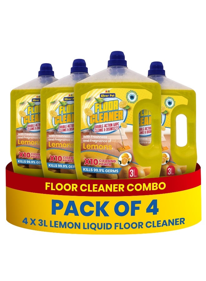 Silver Pot Disinfectant Floor Cleaner Liquid Lemon, 12 Litres – (4 x 3 Litres), Kills 99.9% Germs, Fresh Lemon Fragrance, Multi Surface Floor Cleaning Liquid for Home, Kitchen, Bathroom & Office - Image 1