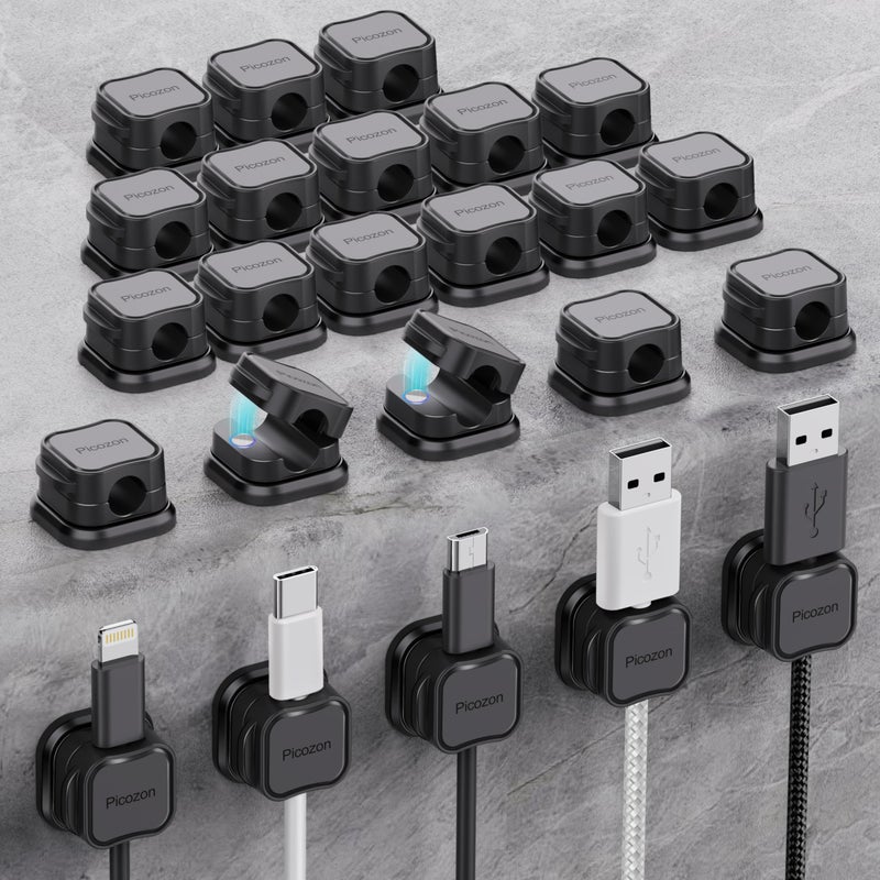 Picozon 24 Pack Magnetic Cable Clip Organizer Cord Holder, Picozon Adhesive Cable Management, Wire Phone USB Charger Cable Holder, Keeper Organizer for Office Home Desktop Table - Black - Image 1