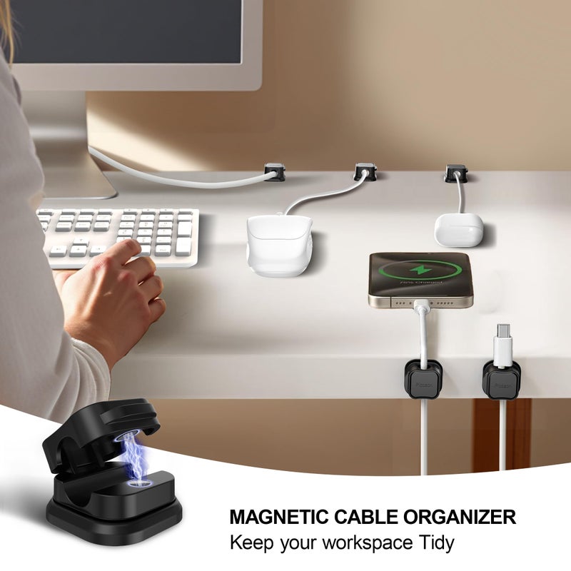 Picozon 24 Pack Magnetic Cable Clip Organizer Cord Holder, Picozon Adhesive Cable Management, Wire Phone USB Charger Cable Holder, Keeper Organizer for Office Home Desktop Table - Black - Image 2