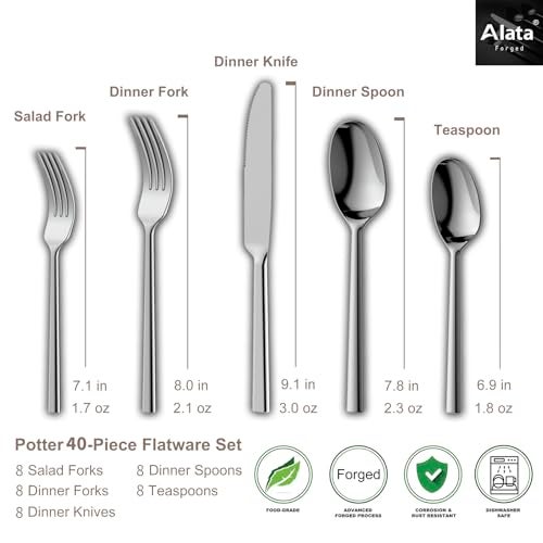 Alata Potter 40-Piece Forged Silverware Set Stainless Steel Flatware Set Cutlery Set, Service for 8, Mirror Finish, Dishwasher Safe - Image 4