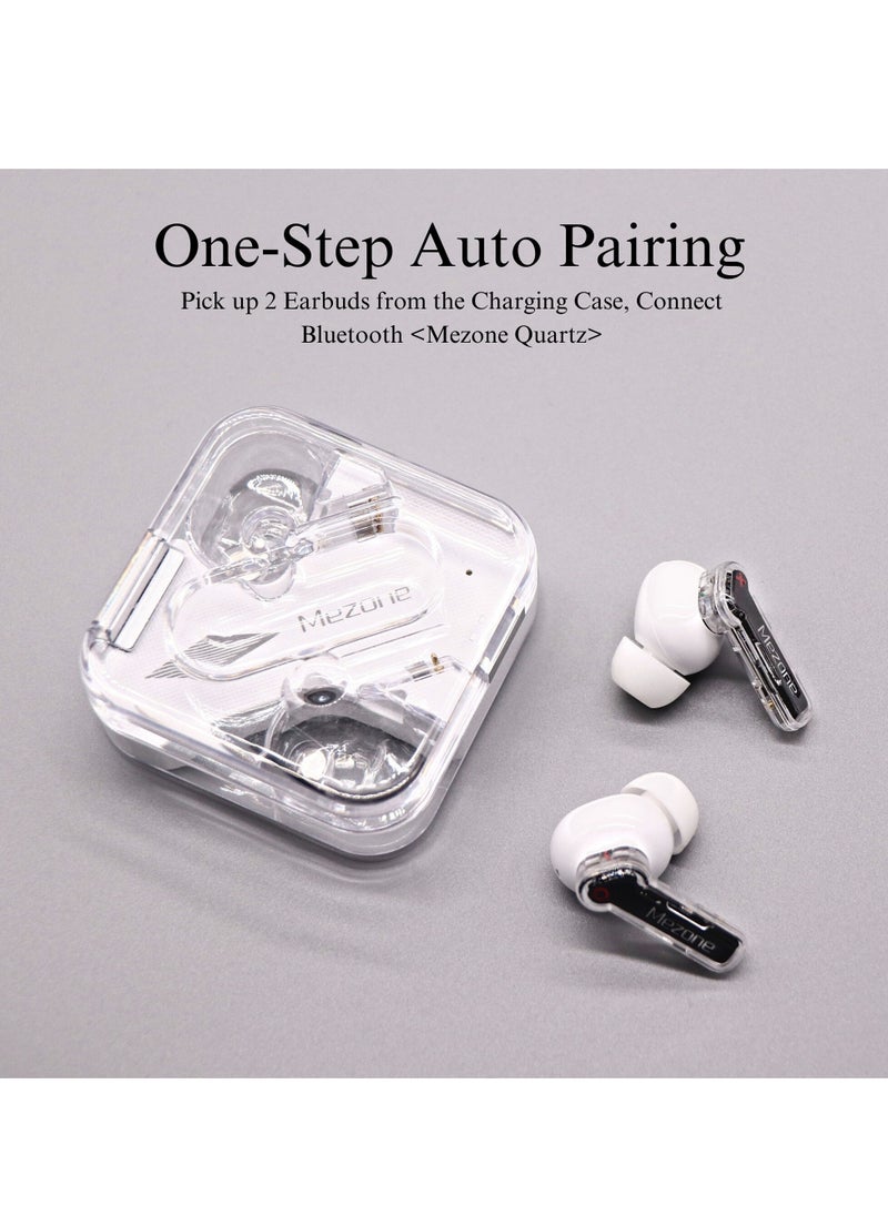 Mezone - Quartz Bluetooth Wireless In Ear Earphones with Clear Stereo Sound, ENC for Calls, Touch Control, 12H Playtime Bluetooth 5.3 Earbuds, Transparent Design, White - Image 1