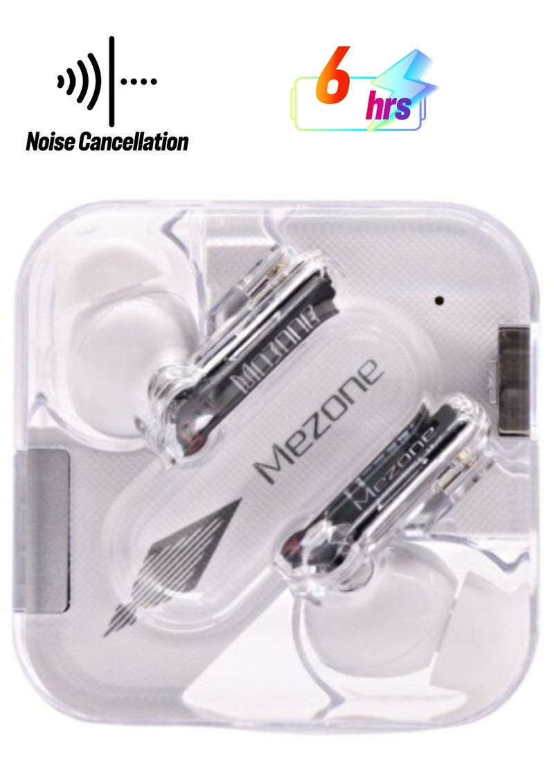 Mezone - Quartz Bluetooth Wireless In Ear Earphones with Clear Stereo Sound, ENC for Calls, Touch Control, 12H Playtime Bluetooth 5.3 Earbuds, Transparent Design, White - Image 1