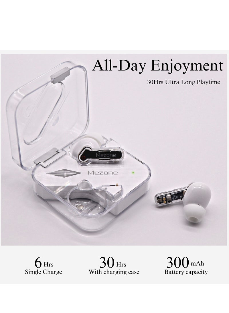 Mezone - Quartz Bluetooth Wireless In Ear Earphones with Clear Stereo Sound, ENC for Calls, Touch Control, 12H Playtime Bluetooth 5.3 Earbuds, Transparent Design, White - Image 1