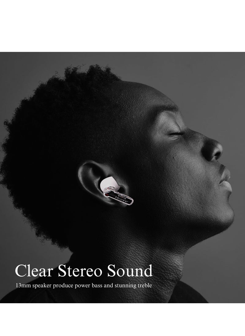 Mezone - Quartz Bluetooth Wireless In Ear Earphones with Clear Stereo Sound, ENC for Calls, Touch Control, 12H Playtime Bluetooth 5.3 Earbuds, Transparent Design, White - Image 1