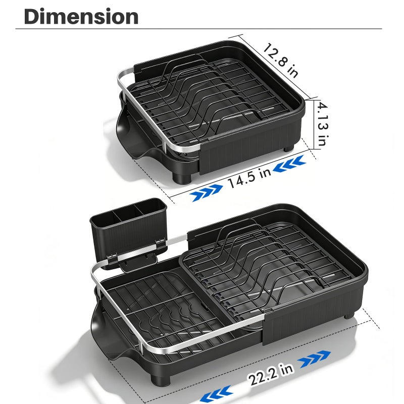 Kmiectse Dish Drying Rack â€“ Expandable Dish Rack for Kitchen Counter, Stainless Steel Dish Drainer with Utensil Holder, Black - Image 2