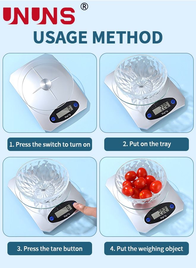 UNUNS ميزان مطبخ رقمي، دقة 5 كجم × 1 جرام، ميزان متين لمطبخ الطعام الرقمي للخبز والمجوهرات والأعشاب والتوابل وتحويل 3 وحدات ووظيفة الفارغة - Image 5