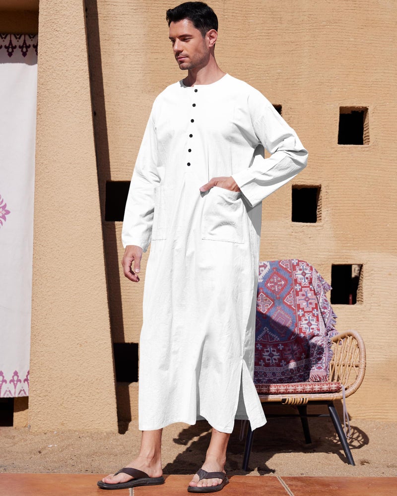 YAOHUOLE Thobe for Men Islam Button Up Home Kaftan Robe Side Split Men's Kaftan White M - Image 2