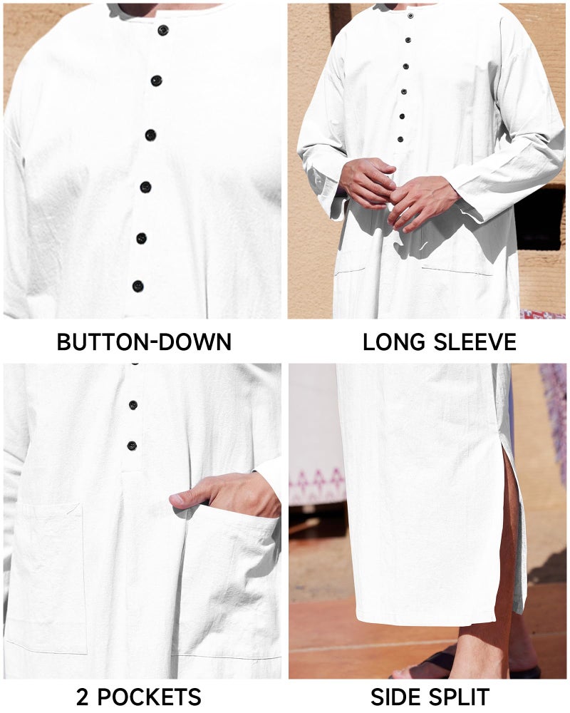 YAOHUOLE Thobe for Men Islam Button Up Home Kaftan Robe Side Split Men's Kaftan White M - Image 5