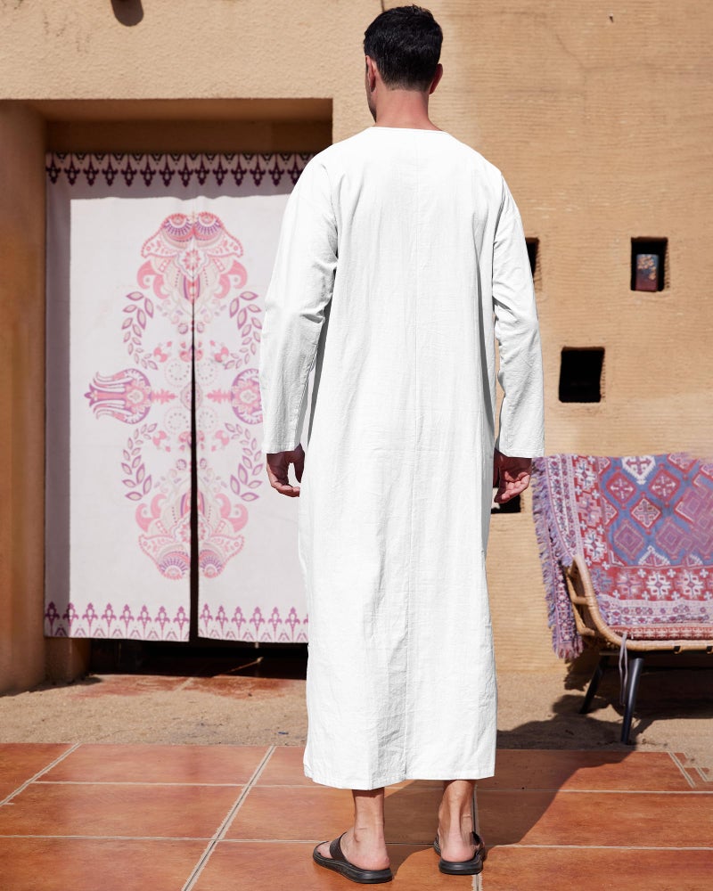 YAOHUOLE Thobe for Men Islam Button Up Home Kaftan Robe Side Split Men's Kaftan White M - Image 4
