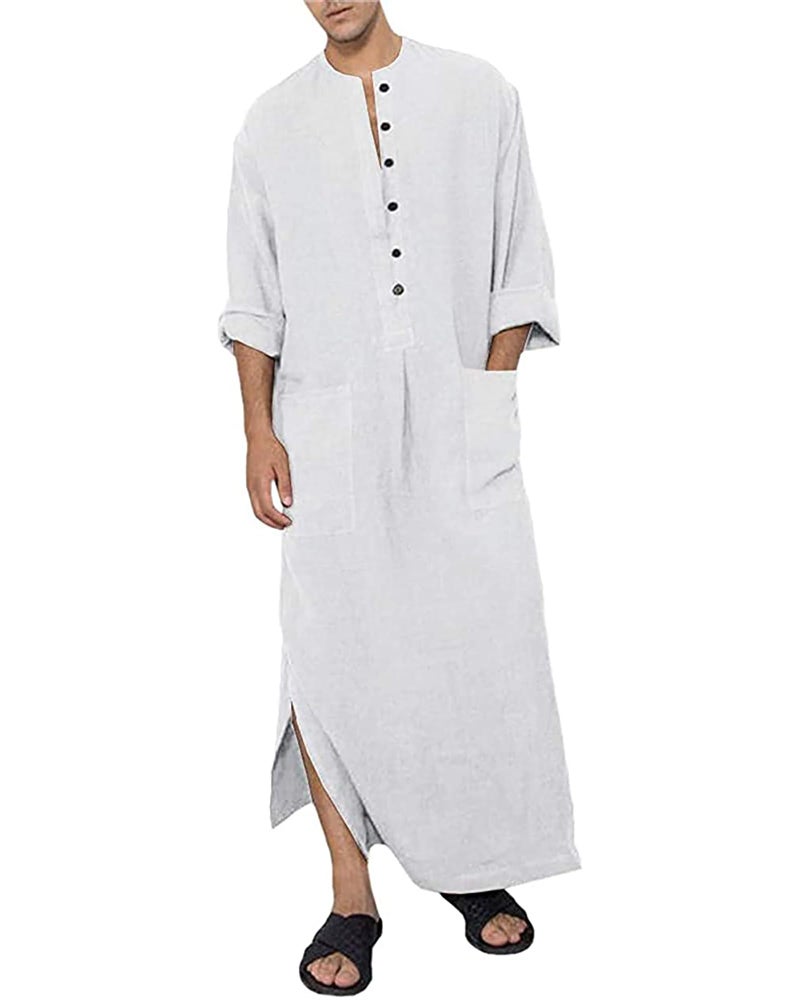 YAOHUOLE Thobe for Men Islam Button Up Home Kaftan Robe Side Split Men's Kaftan White M - Image 1