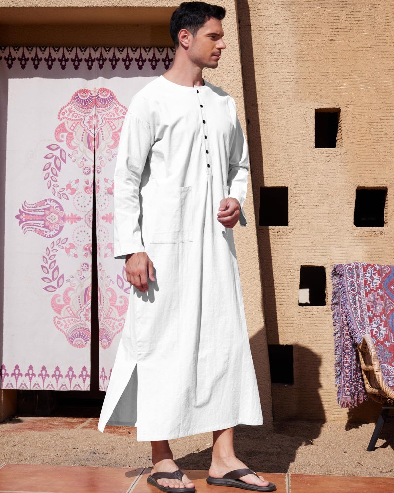 YAOHUOLE Thobe for Men Islam Button Up Home Kaftan Robe Side Split Men's Kaftan White M - Image 3