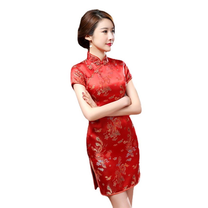 Tang Suit Short Cheongsam Stand Collar Slim Fit Low Slit Daily Banquet Costume Cheongsam - Image 1