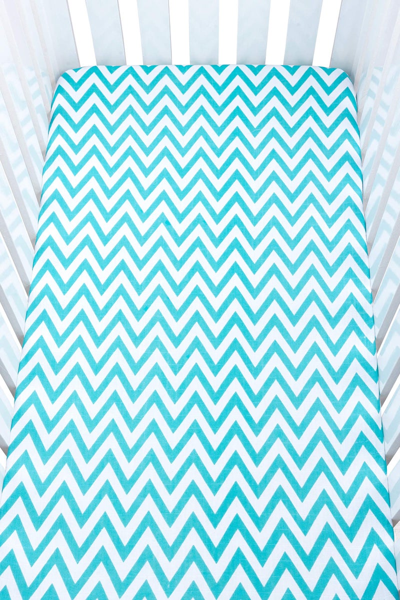 Theoni 100% Organic Cotton Muslin Cappadocia Dreams Blue Fitted Crib/Cot Sheets (Chevron Love) - Image 1