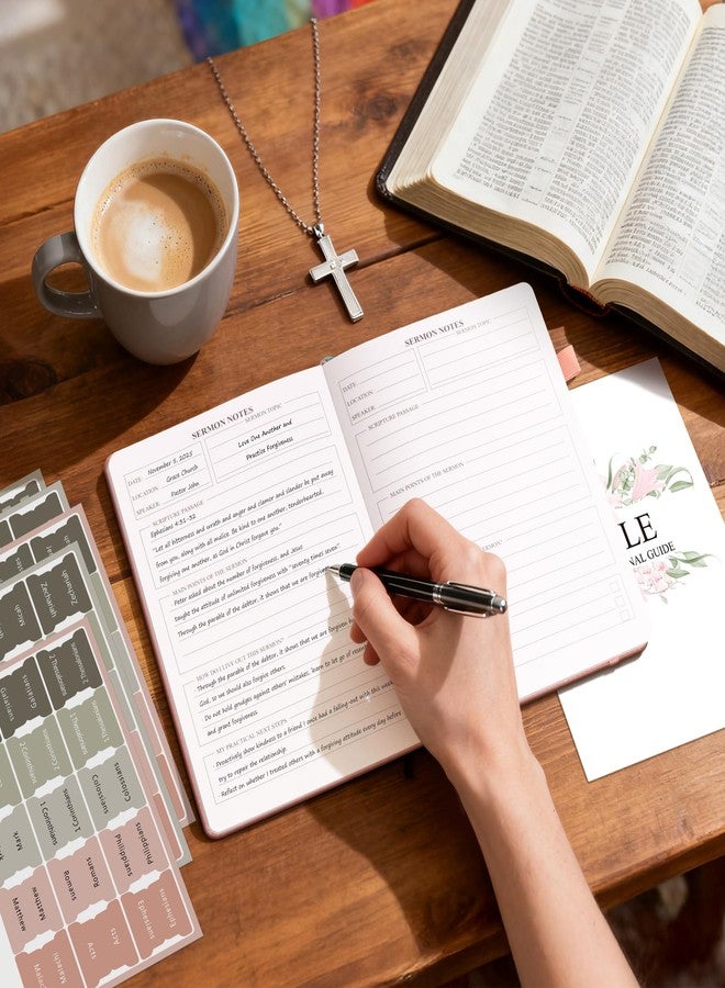 AKONEGE Bible Study Journal - Church Notes Notebooks Guided Bible Study Supplies Notebook for Note Taking & Reflection, Hardcover Daily Faith & Prayer Journal for Women, 5.8" x 8.3", Pink - Image 2
