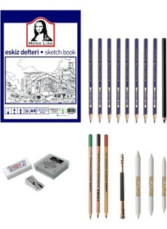 Südor Mona Lisa A5 Sketchbook with 8 Charcoal and Crayon Drawing Set, Charcoal Pencil, Pastel Dispenser