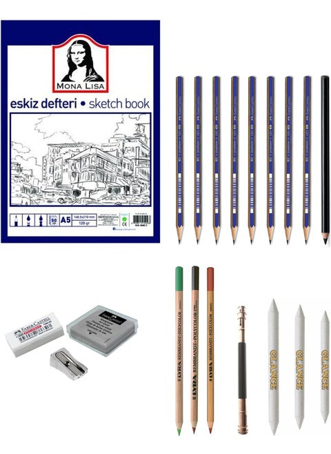 Südor Mona Lisa A5 Sketchbook with 8 Charcoal and Crayon Drawing Set, Charcoal Pencil, Pastel Dispenser