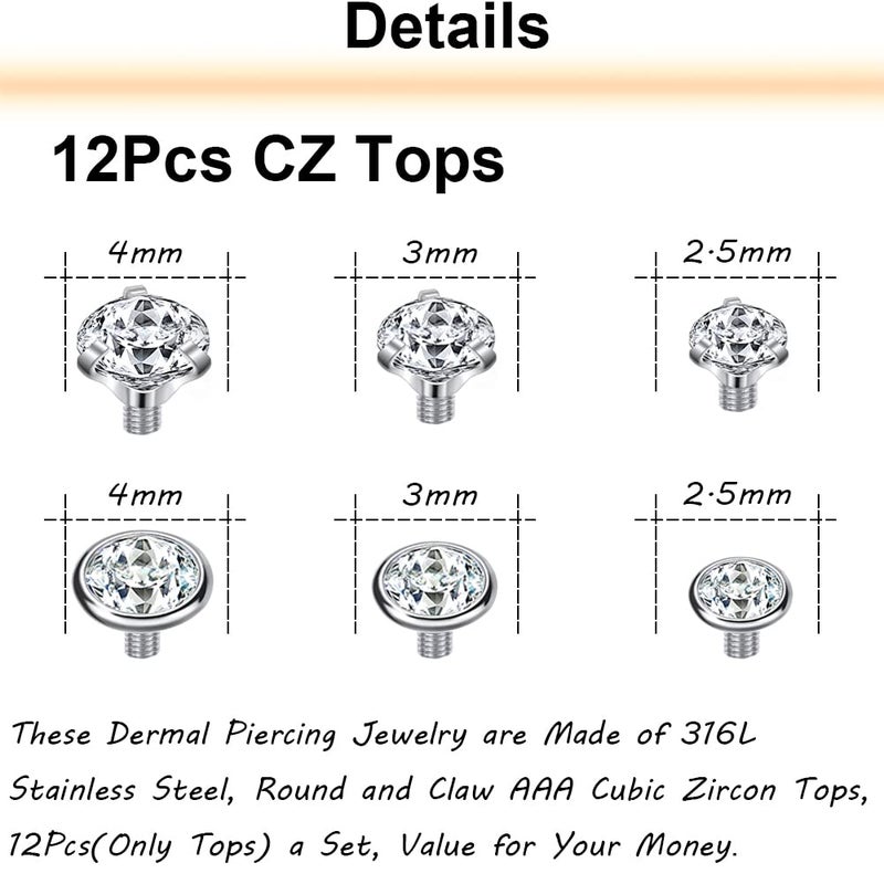 PunkTracker 14G 4-20Pcs Surgical Steel Dermal Piercing Jewelry Cubic Zircon Micro Dermal Anchor Tops Titanium Base Dermal Piercing - Image 2