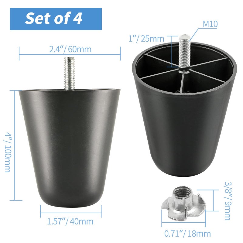 Masendelk 4 Inch Plastic Furniture Legs, Round Tapered Table Legs Black Sofa Legs Replacement Legs With M10 Hanger Bolts For Couch Table Sofa, Pack Of 4 - Image 3