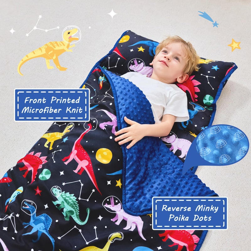 Lasoftan Toddler Nap Mat With Pillow And Blanket, Extra Large Rolled Napping Mats,Slumber Bags For Boys Girls,Kids Sleeping Bag For Daycare, 21"" X 50"" Preschool Travel Camping - Space Dinosaur - Image 2