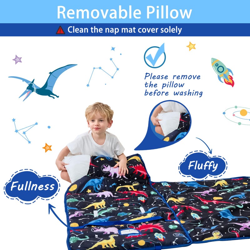 Lasoftan Toddler Nap Mat With Pillow And Blanket, Extra Large Rolled Napping Mats,Slumber Bags For Boys Girls,Kids Sleeping Bag For Daycare, 21"" X 50"" Preschool Travel Camping - Space Dinosaur - Image 5