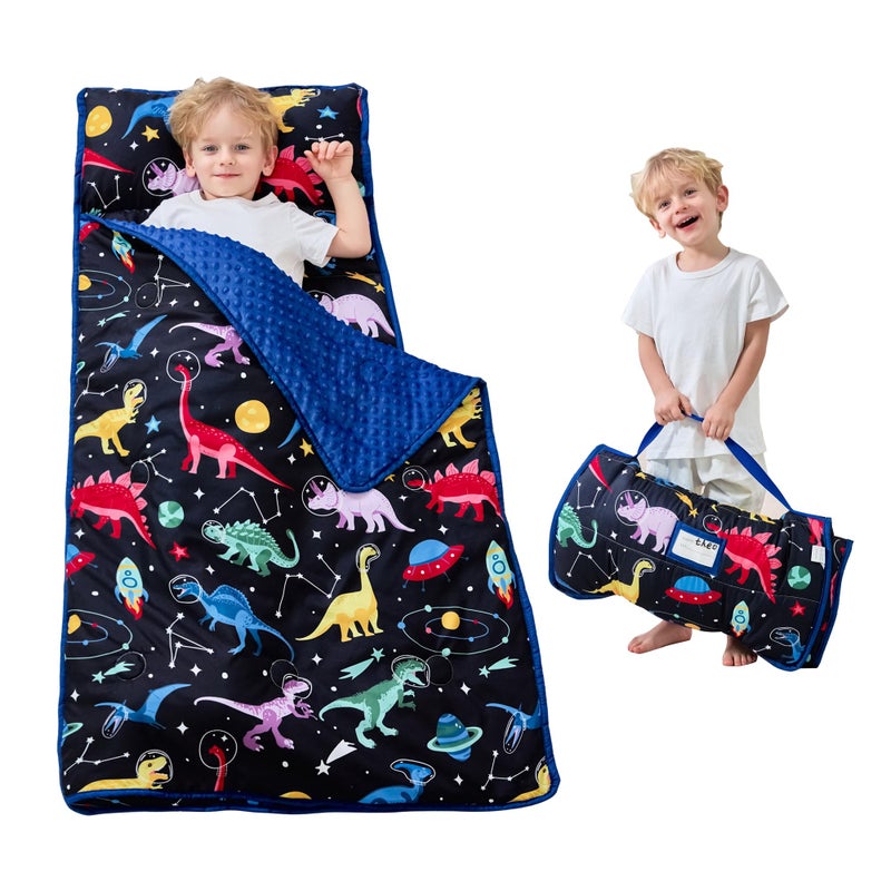 Lasoftan Toddler Nap Mat With Pillow And Blanket, Extra Large Rolled Napping Mats,Slumber Bags For Boys Girls,Kids Sleeping Bag For Daycare, 21"" X 50"" Preschool Travel Camping - Space Dinosaur - Image 1