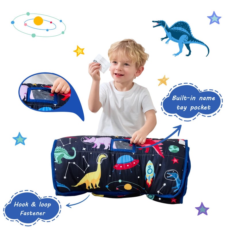 Lasoftan Toddler Nap Mat With Pillow And Blanket, Extra Large Rolled Napping Mats,Slumber Bags For Boys Girls,Kids Sleeping Bag For Daycare, 21"" X 50"" Preschool Travel Camping - Space Dinosaur - Image 3