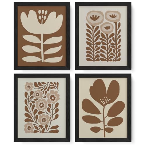 JXREQ Brown Boho Abstract Neutral Floral Posters Wall Art Prints Set of 4, Mid Century Modern Abstract Black and Beige Matisse Floral Wall Decor for Home Bedroom Living Room, 8x10 Inch Unframed - Image 1