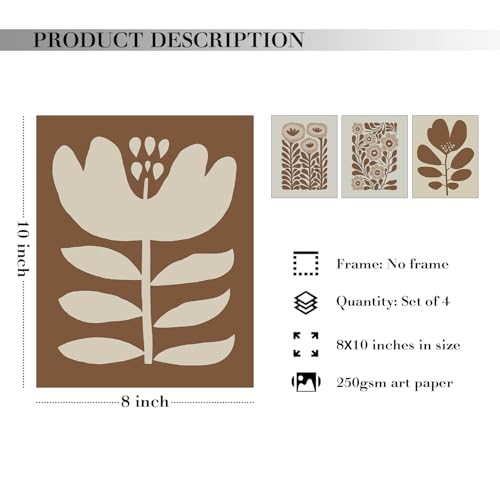 JXREQ Brown Boho Abstract Neutral Floral Posters Wall Art Prints Set of 4, Mid Century Modern Abstract Black and Beige Matisse Floral Wall Decor for Home Bedroom Living Room, 8x10 Inch Unframed - Image 2