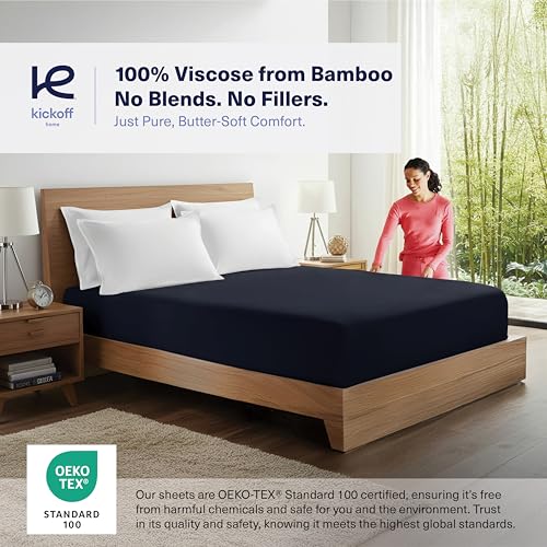 Kickoff Home Kickoff Viscose Bamboo Fitted Sheet Queen Size, 100% Organic Cooling Sheets Fitted ONLY Viscose Bamboo Sheets Queen Size Bed Sheet for Hot Sleepers, Extra Deep Pocket, 4 Corner Strap (Q, Onyx Black) - Image 2