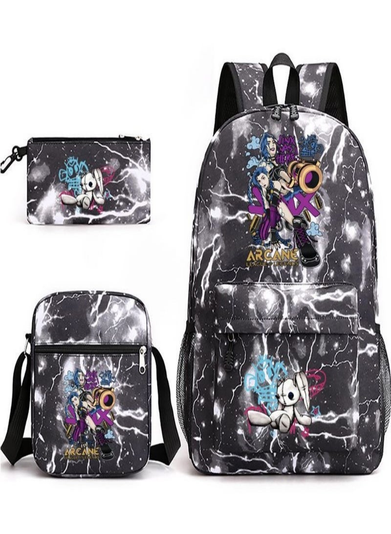 Arcaneï¼šLeague of Legends Children Backpack Schoolbag Teen Student School Book bag with Lunch Box Pen Case 3 in 1 for Kids