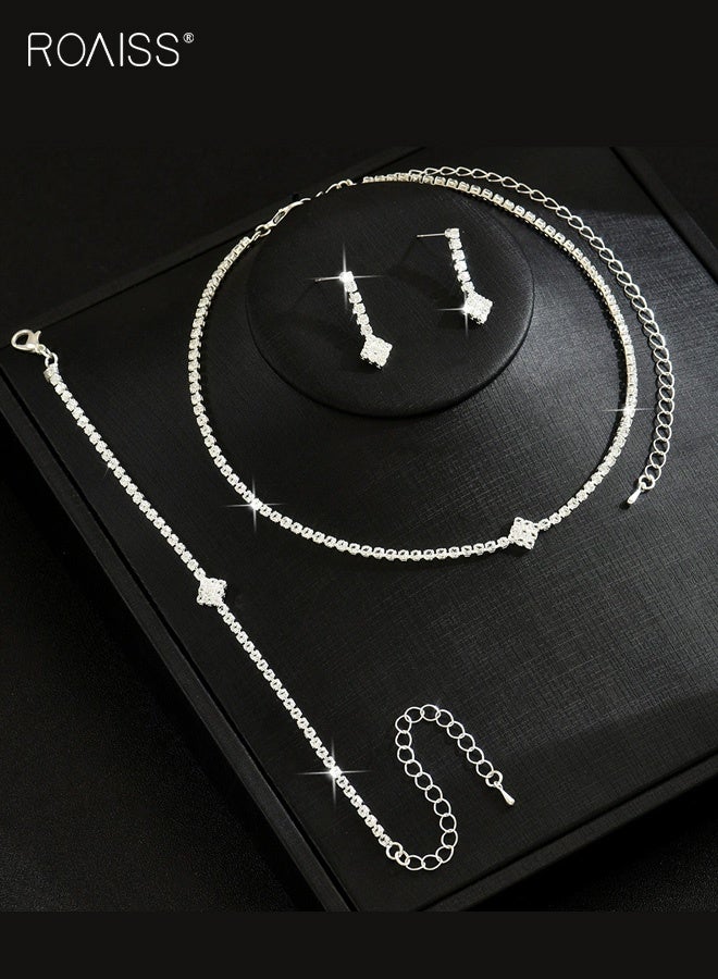 roaiss 3Pcs Silver Bridal Wedding Jewelry Set, Dainty Sparkly Rhinestone Necklace Earrings Bracelet Sets, Formal Costume Jewelry for Women and Brides - Image 2